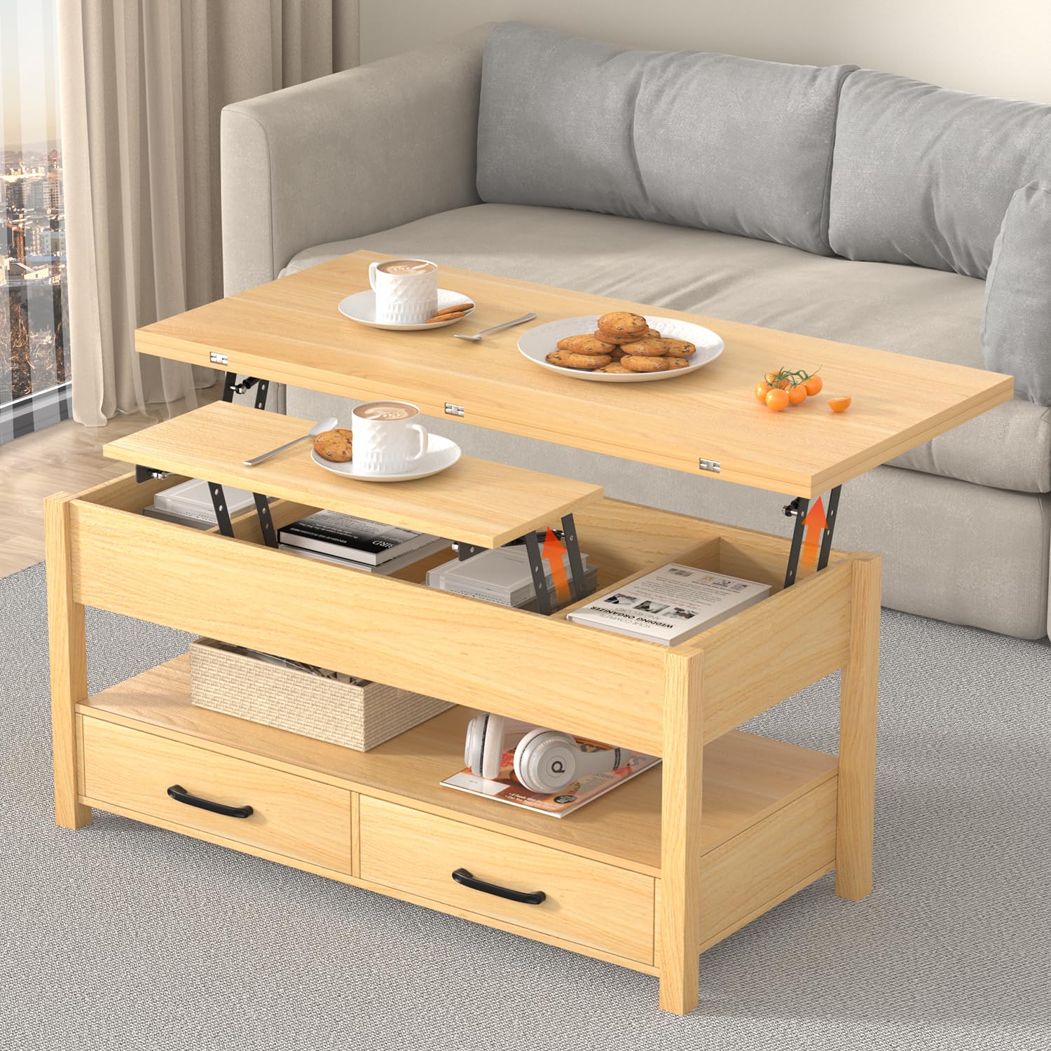 Lift Top Coffee Table, 3-in-1 Multifunctional Coffee Table with Drawers and Hidden Compartments, Coffee Table Converts to Dining Table, for Living Room, Dining Reception Room, Wood