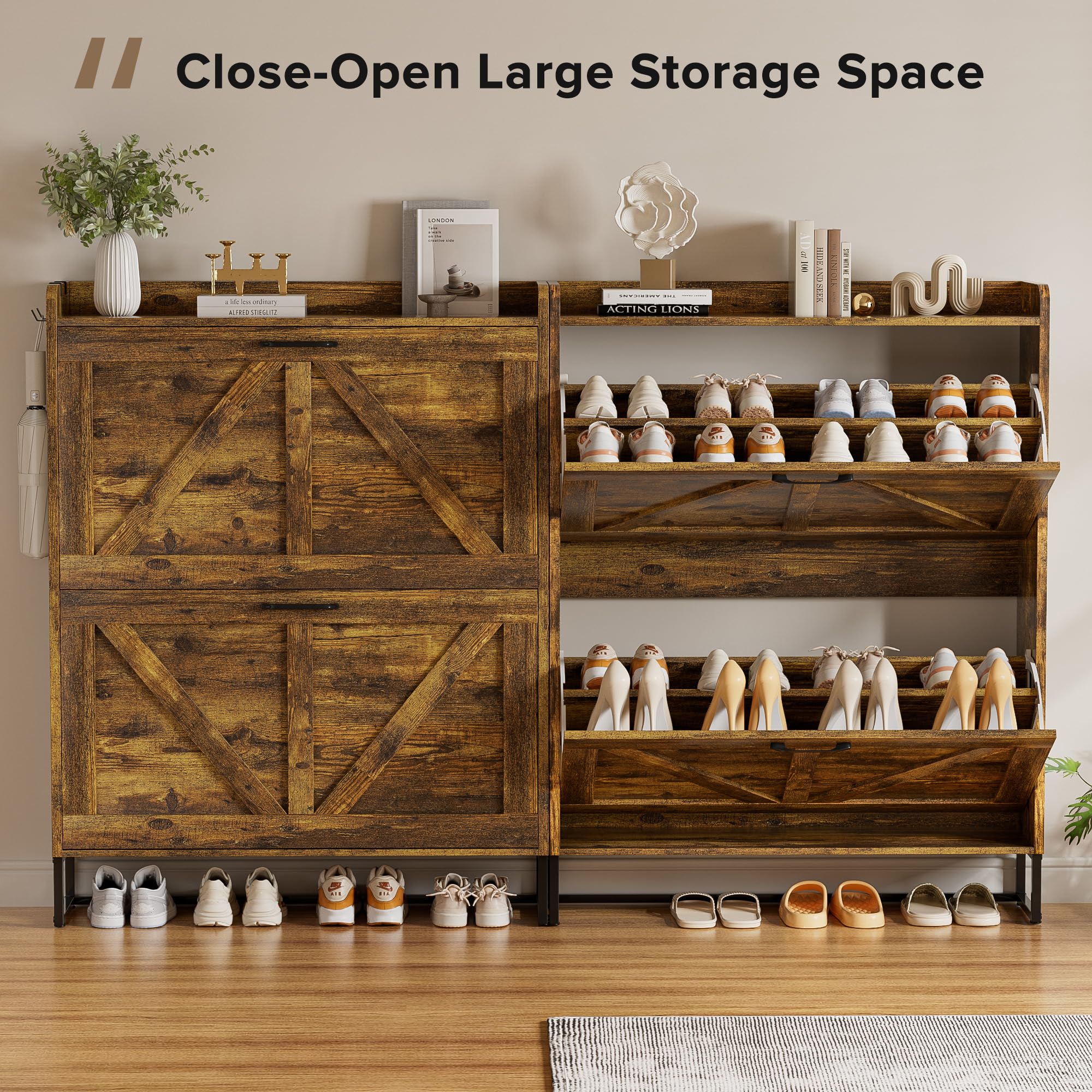 EOYUTLLY Shoe Cabinet for Entryway with 2 Flip Drawers,Narrow Wooden Shoe Storage Cabinet with Metal Legs,Hold 24 Pairs, 4-Tier Adjustable Shelves–Freestanding Hidden Shoe Organizer for Hallway, Foyer