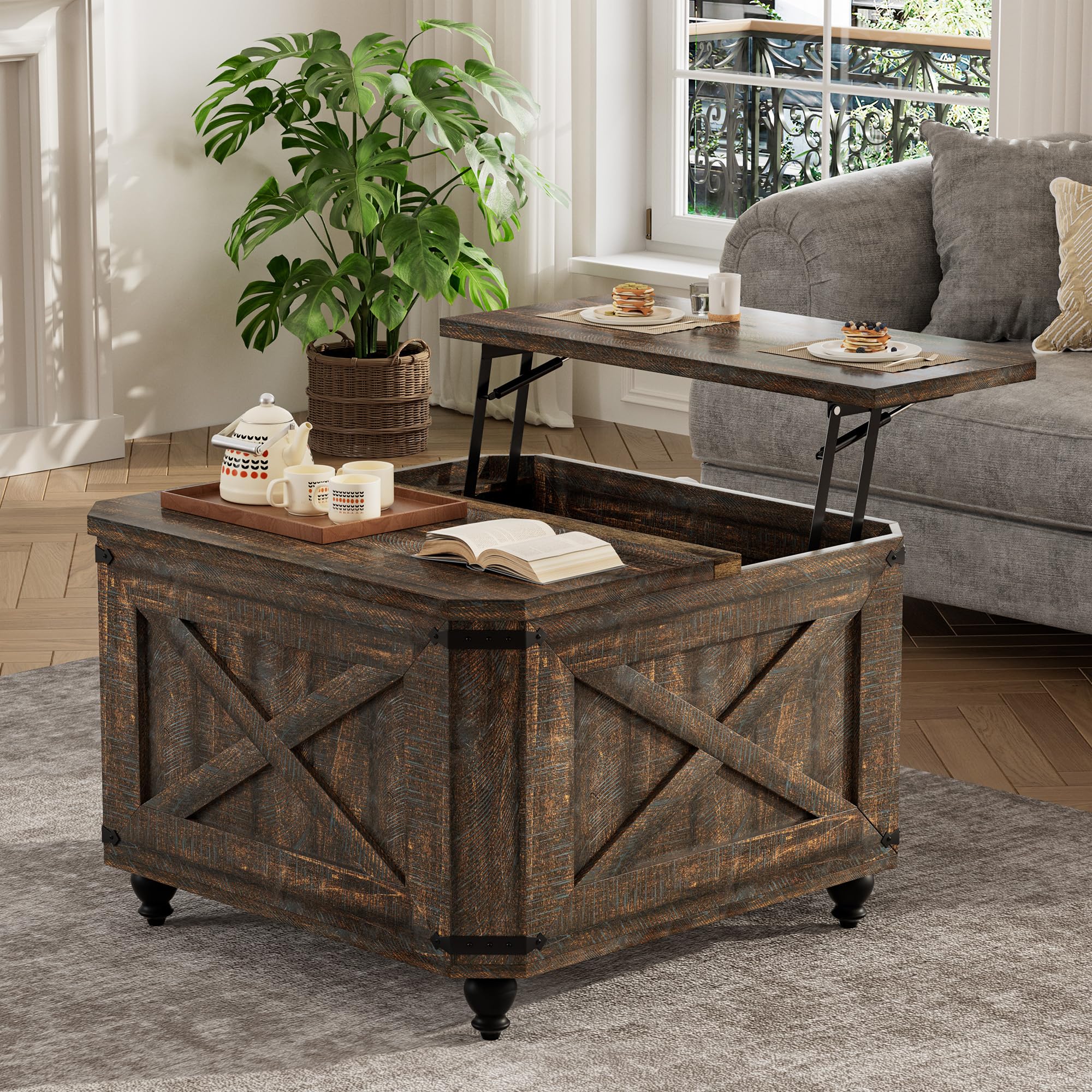 Farmhouse Lift Top Coffee Table with Hidden Storage, Wood Square Coffee Table for Living Room, Modern Center Table with Legs for Home Office, Bedroom, White