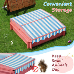 Sandbox with Lid & Cover, Wooden Kids Outdoor Sand Box with Height-Adjustable UV-Resistant Canopy, 2 Foldable Bench Seats & Bottom Liner, 43x43 Inch, Perfect for Backyard, Beach, Garden Play