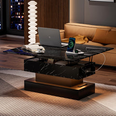 39.4" Lift Top Coffee Table with Charging Station, High-Glossy Marbling Print Center Table with Hidden Compartment Storage, LED Coffee Table for Living Room, White