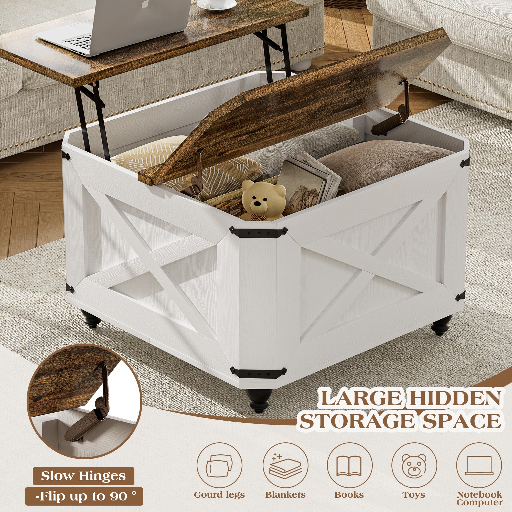 Farmhouse Lift Top Coffee Table with Hidden Storage, Wood Square Coffee Table for Living Room, Modern Center Table with Legs for Home Office, Bedroom, White
