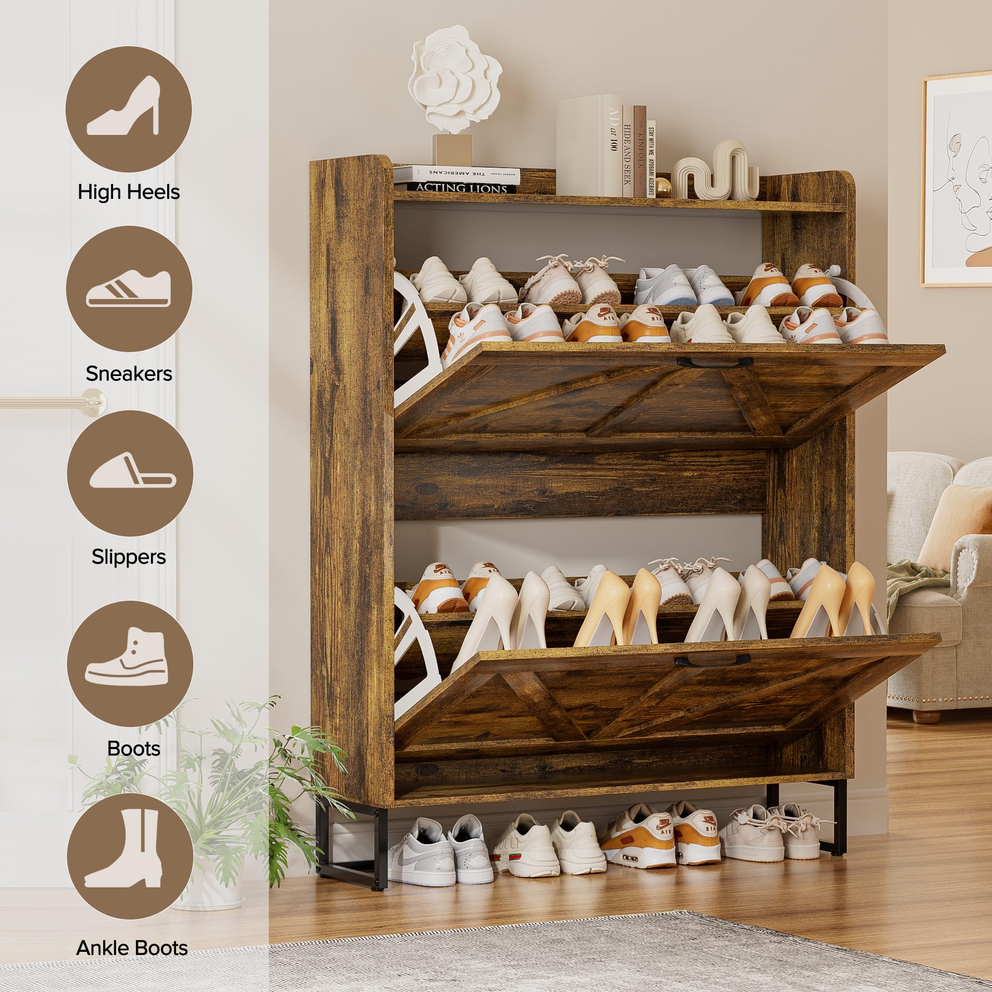 EOYUTLLY Shoe Cabinet Storage for Entryway, Narrow Shoe Rack Cabinet with 3 Flip Drawers & Coat Rack, Hidden Shoe Storage Cabinet, 2-in-1 Hall Tree Slim Freestanding Shoe Rack Organizer, Rustic Brown