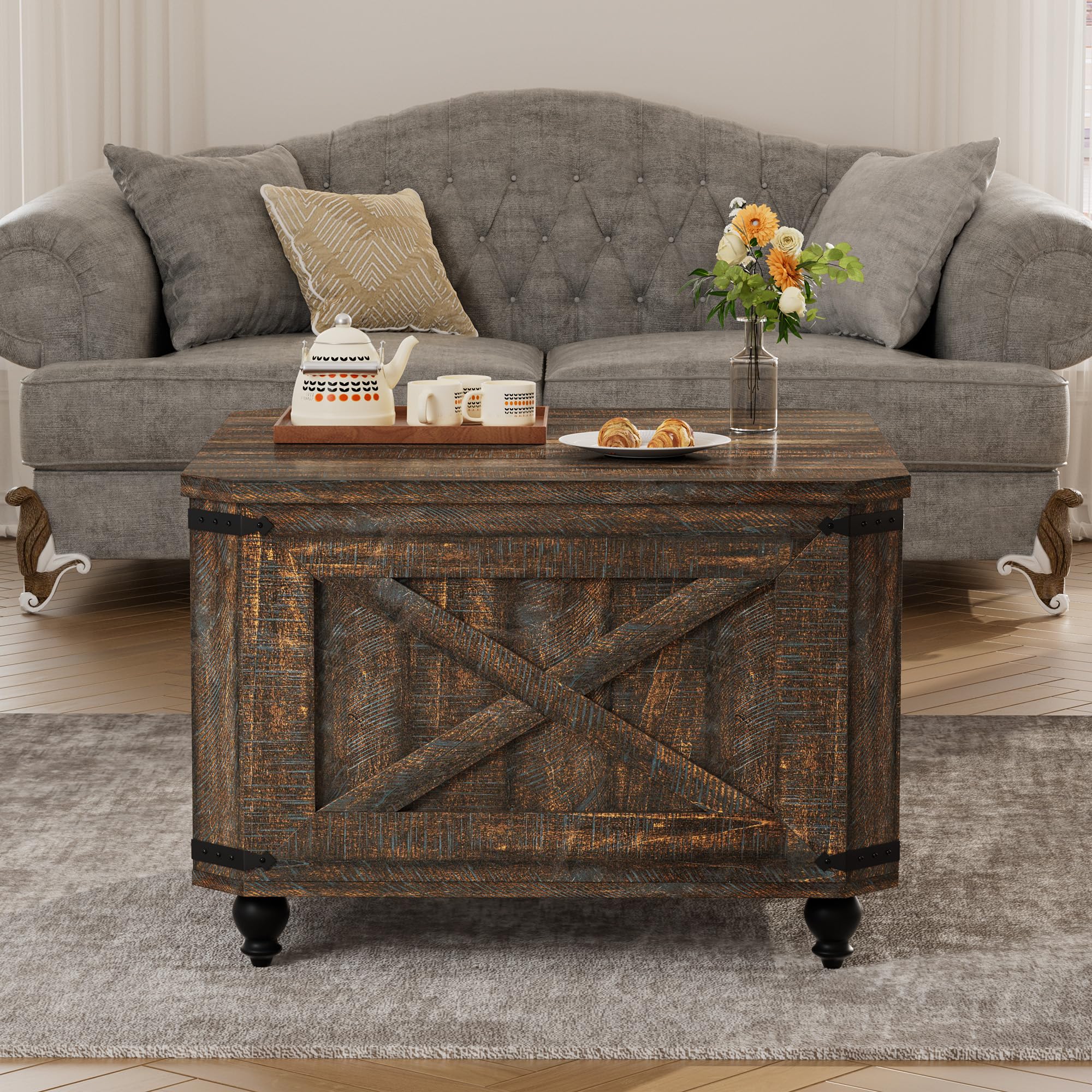 Farmhouse Lift Top Coffee Table with Hidden Storage, Wood Square Coffee Table for Living Room, Modern Center Table with Legs for Home Office, Bedroom, White