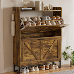 EOYUTLLY Shoe Cabinet Storage for Entryway, Narrow Shoe Rack Cabinet with 3 Flip Drawers & Coat Rack, Hidden Shoe Storage Cabinet, 2-in-1 Hall Tree Slim Freestanding Shoe Rack Organizer, Rustic Brown